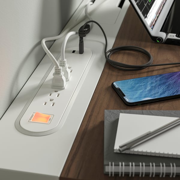 MITTZON desk with built-in outlet, usb ports, cable tray, smartphone, notebook.
