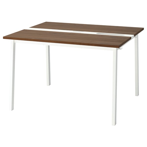 A MITTZON table with a rectangular shape and white metal legs. The top is dark brown woodgrain. The legs are straight, providing stability.
