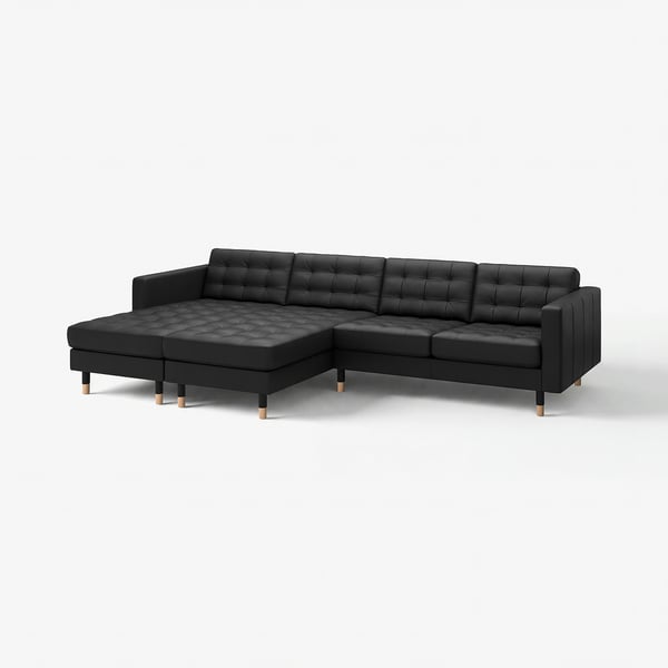 Black l-shaped leather sofa with wooden legs, tufted design for modern look.