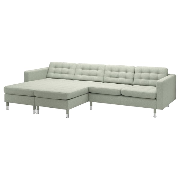 Modern l-shape sofa, light green, tweed fabric, chrome legs, tufted back, cosy.