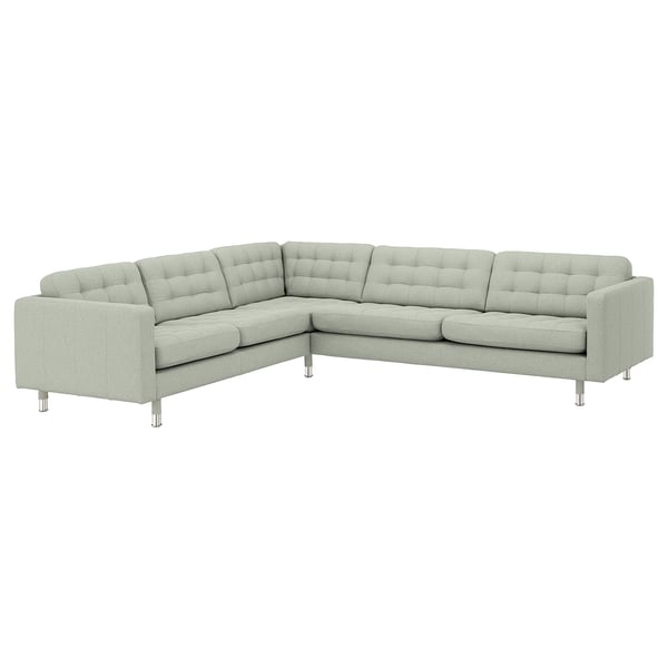 Modern grey l-shaped MORABO sofa with chrome legs and tufted cushions.