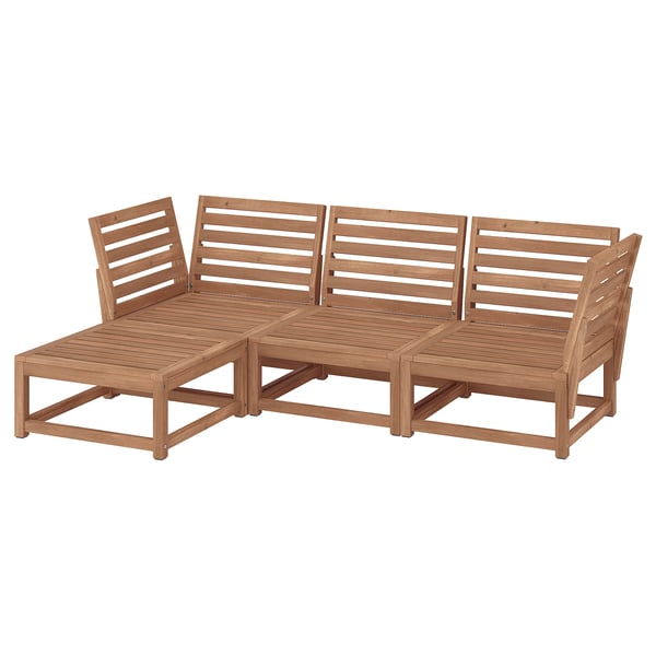 Wooden outdoor furniture set, rectangular with slatted design, light brown finish.