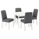 A white round dining table with four grey upholstered chairs, modern design.