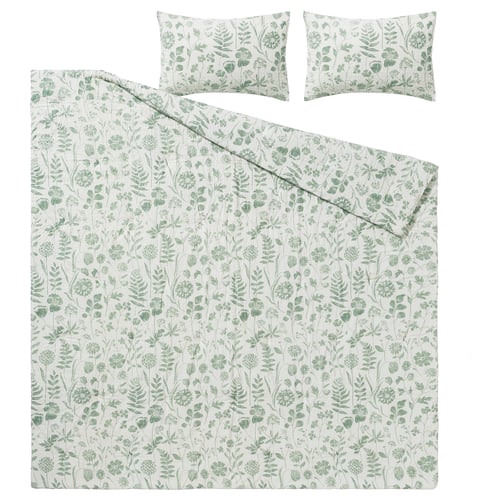 NÅLBJÖRNBÄR; grey-green floral comforter set; cotton & viscose blend; rectangular shape; floral design; includes comforter, 2 pillow shams.