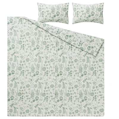 NÅLBJÖRNBÄR; grey-green floral comforter set; cotton & viscose blend; rectangular shape; floral design; includes comforter, 2 pillow shams.