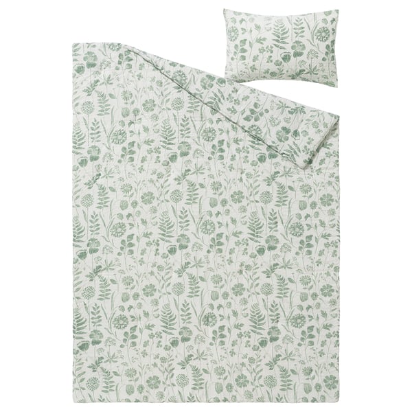 NÅLBJÖRNBÄR floral comforter; sage green & white, cotton-blend, rectangular with pillow sham, wavy texture.