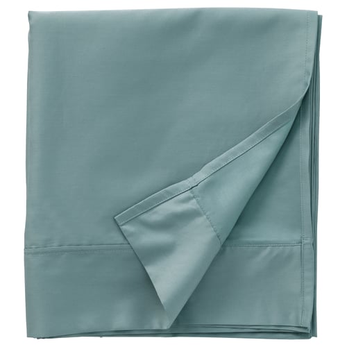 Folded light blue-green sheet, smooth, pleated edge, cotton and lyocell blend, NATTJASMIN.