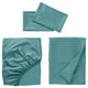 Three blue-green bed sheets displayed: top flat, one folded, one ruffled, smooth texture.