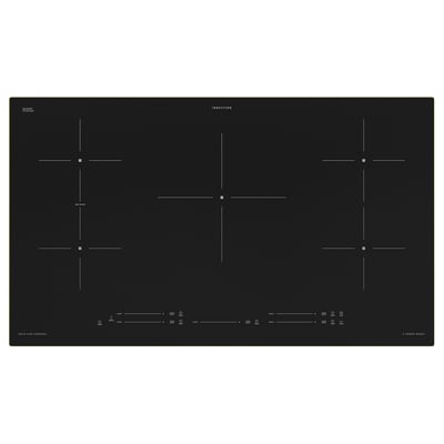 Black induction cooktop with 5 heating zones, touch controls, and flat surface.