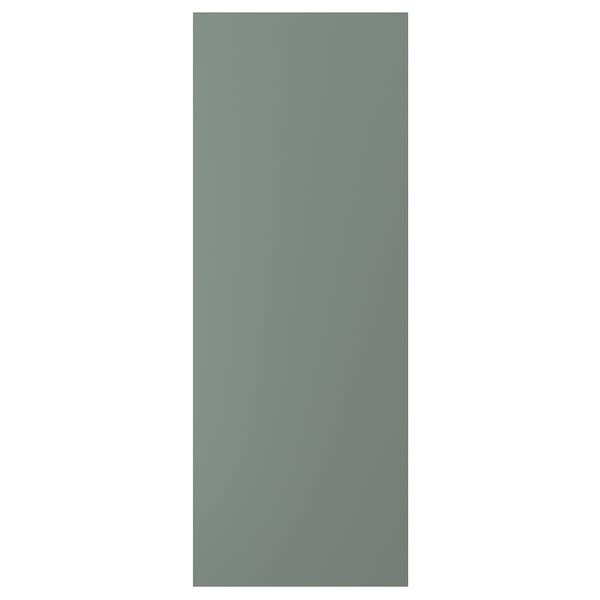 A NICKEBO grey-green kitchen cabinet panel with a modern design. Its rectangular and made from particleboard and plastic materials.