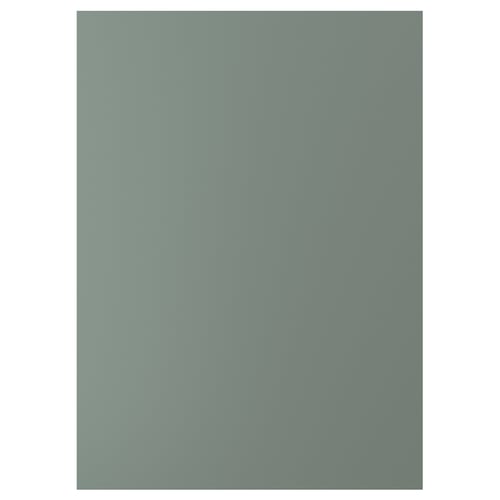 A NICKEBO kitchen cabinet panel in grey-green with a smooth texture. It is rectangular and made of particle board with plastic edging and foil finish.