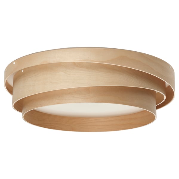 NÖSUND birch wood ceiling lamp, light spreads through bent wood gaps, frosted surface, round shape, decorative design