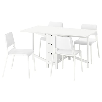 White NORDEN dining set with table and four chairs, modern minimalist design.