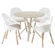 Modern dining set: white with beige accents, round table & clear-back chairs.