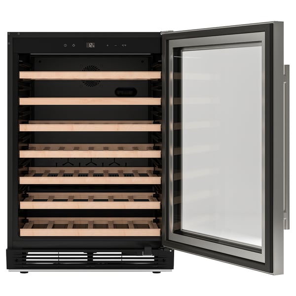 Black wine fridge with glass door, holds 52 bottles, 7 wooden shelves, led lighting.