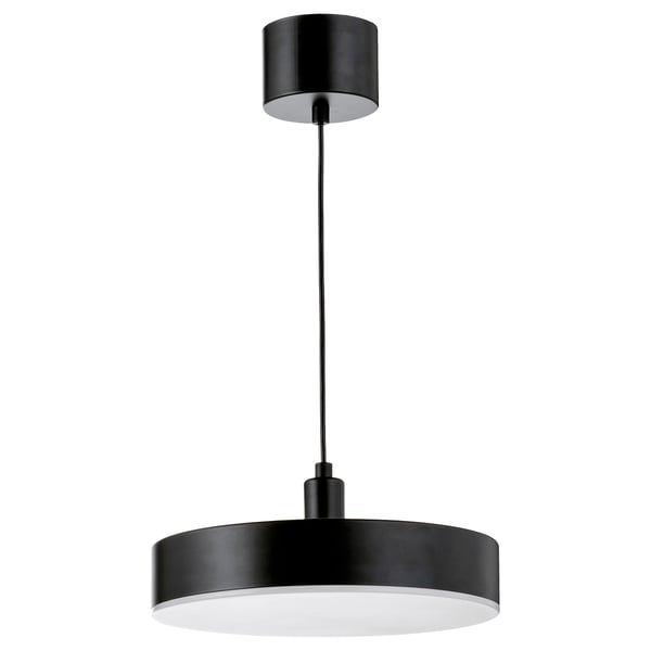 A modern black NYMÅNE pendant lamp with a round shade. The design is sleek and minimalist.