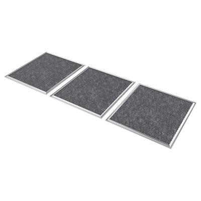 Three NYTTIG FIL 02 kitchen grease philtres, rectangular, metallic mesh design.