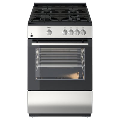 Stainless steel gas stove and oven combo with four burners and digital display.