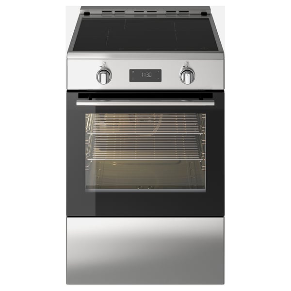 Stainless steel oven with black glass, digital display, induction cooktop, convection oven, and drawer.