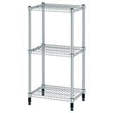 An OMAR three-tier metal shelving unit, silver in colour, with adjustable shelves and feet for stability.