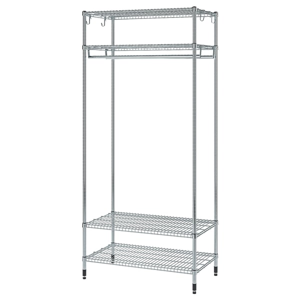 Omár shelving unit. Chrome finish. Three-tier with hanging rail. Sturdy, adjustable feet. Ideal for clothes and storage.