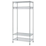 Omár shelving unit. Chrome finish. Three-tier with hanging rail. Sturdy, adjustable feet. Ideal for clothes and storage.