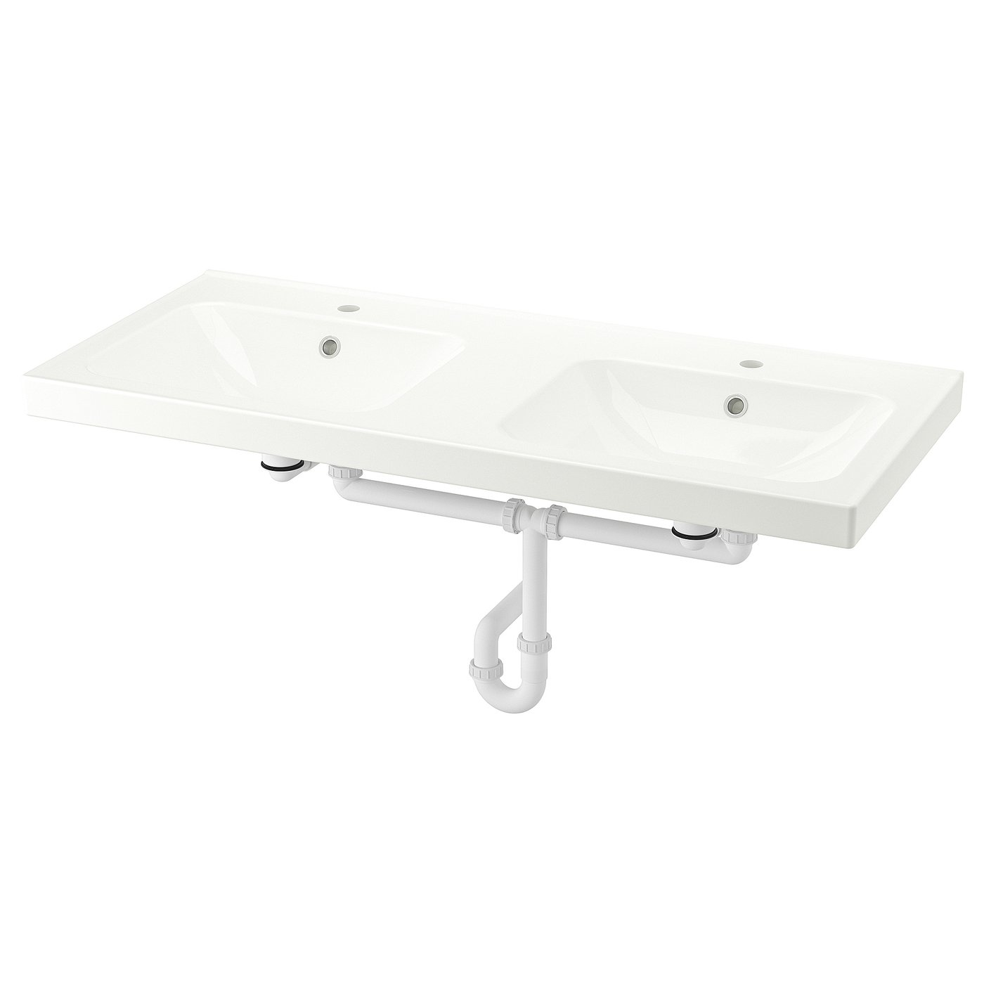 A white, double-sink bathroom vanity with a rectangular, minimalist design. It two bowls and modern fixtures.
