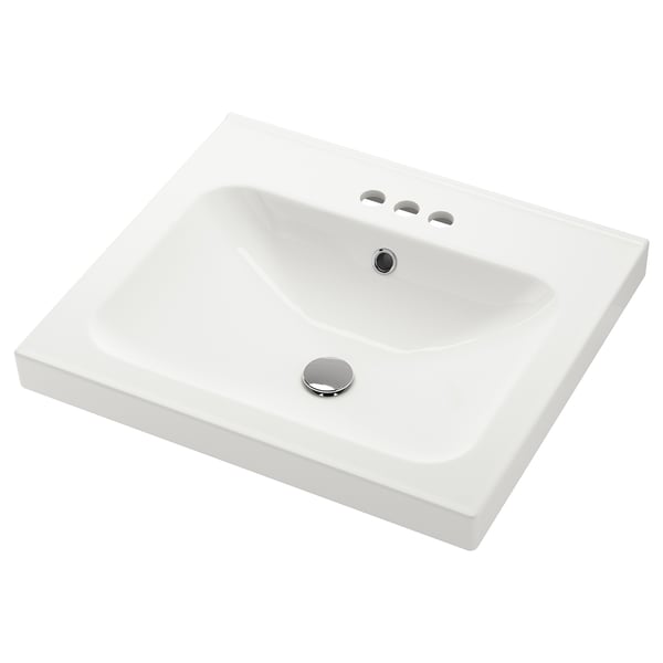 Orrsjon white ceramic basin, smooth curves, single drain, integrated design.