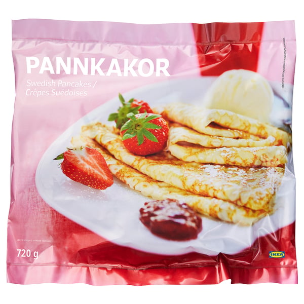 PANNKAKOR swedish pancakes bag, 720g, pancakes with strawberries and jam, red packaging.