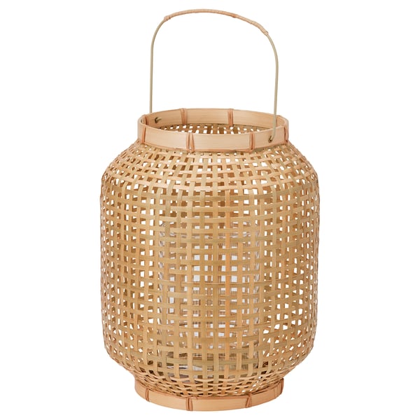 PÅVEFINK lantern, light brown. Woven bamboo with handle, cylindrical shape, intricate design.