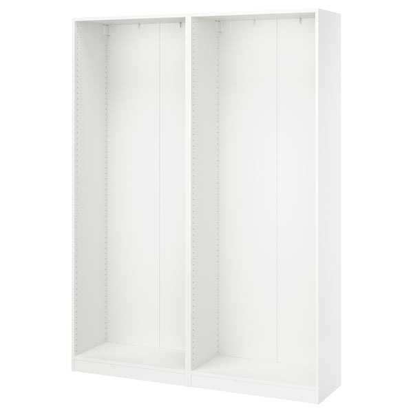 A white ikea PAX wardrobe frame, featuring a sleek design with adjustable feet, ideal for bedrooms with limited space.