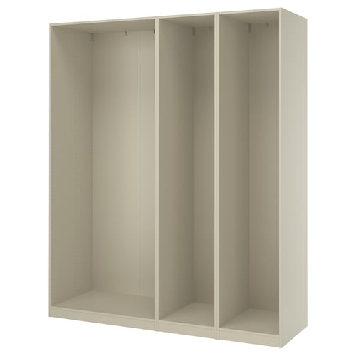 An ikea PAX wardrobe frame in white. Its rectangular, with three empty sections ready for shelves and organizers. The design is simple and modern.