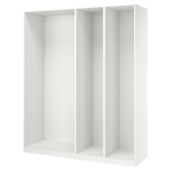 A white PAX wardrobe frame. Its a modular design with three sections, perfect for organised storage.