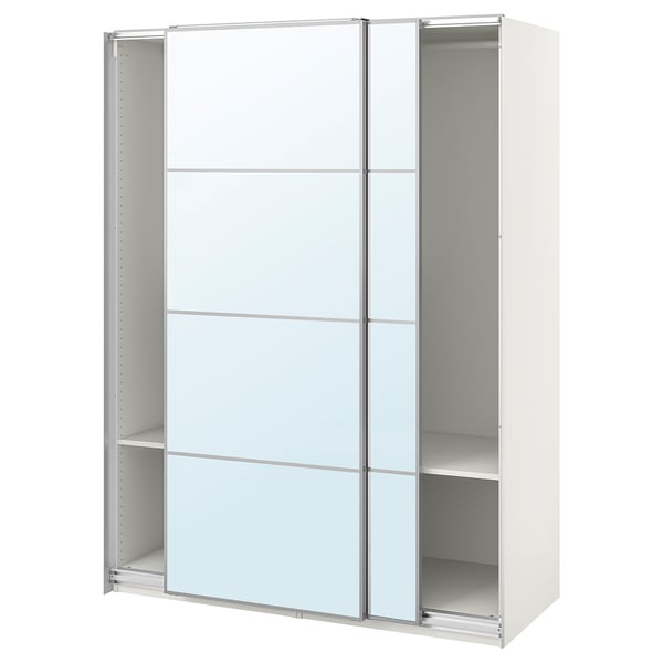 A white PAX wardrobe with mirrored sliding doors and metal interiors.