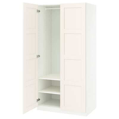 IKEA PAX wardrobe: white, tall, rectangular, two doors open, multiple shelves inside.