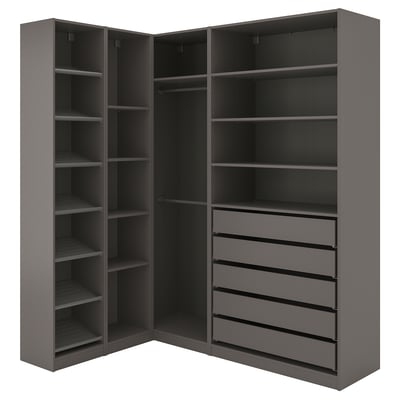 Modern grey PAX corner wardrobe with shelves, drawers, and hanging space.