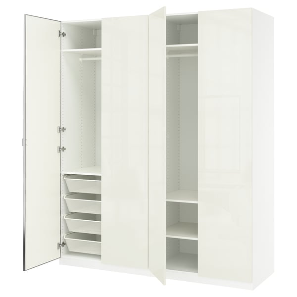 White IKEA PAX wardrobe with mirrors, drawers, shelves, and hangers.