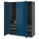 Blue ikea PAX wardrobe with drawers and open doors, wall-mounted.