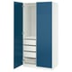 A white and blue PAX wardrobe. It a deep blue door with a milled surface and three shelves inside.