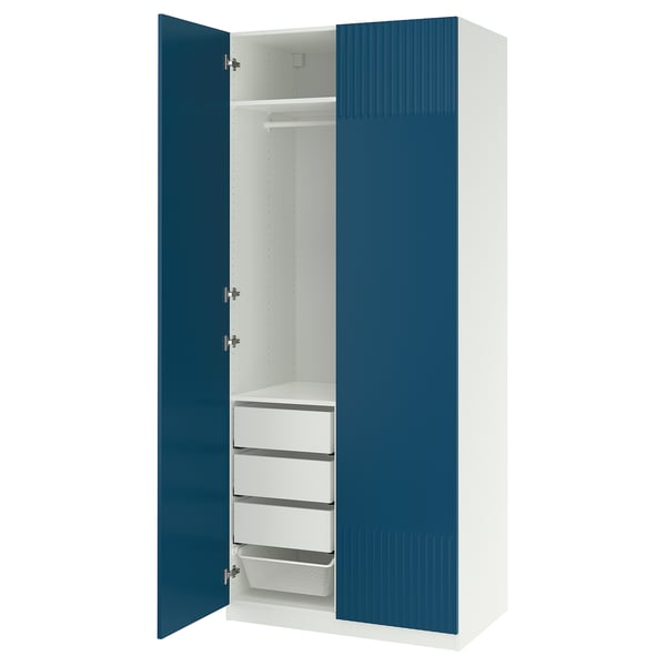 Open blue and white closet, rectangular shape, keeps clothes and accessories.