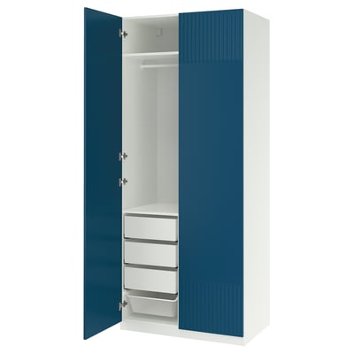 Open blue and white closet, rectangular shape, keeps clothes and accessories.