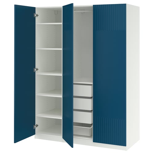 Blue and white PAX wardrobe, open doors, shelves inside.