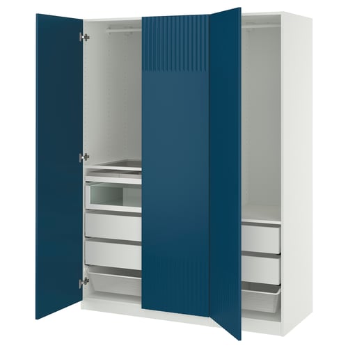 Open blue-white PAX wardrobe, showing drawers & shelves inside.