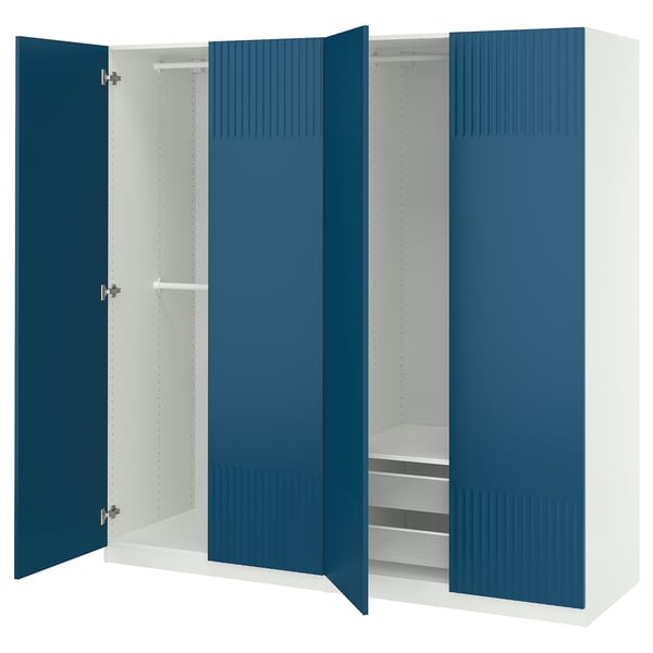 Blue ikea PAX wardrobe with open doors, white interior, shelves, and drawers.