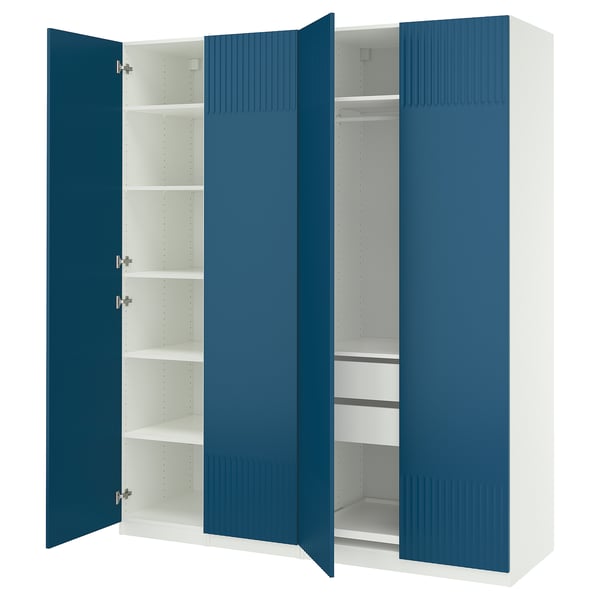 Blue PAX wardrobe with open doors, revealing shelves.