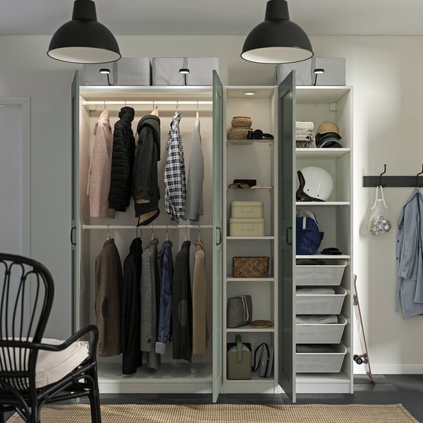 PAX / GRIMO Wardrobe combination, white gray-green/white, 72 7/8x23 5/8x79 1/4 "