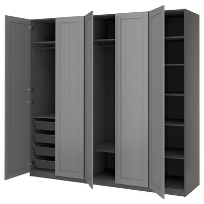 Grey PAX wardrobe with open doors, shelves, drawers, and hanging space.
