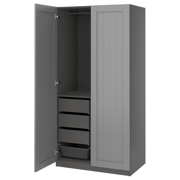 Grey PAX wardrobe, tall with drawers, mesh basket, soft close hinges.