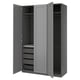A grey PAX wardrobe with both doors open, revealing adjustable shelves and drawers inside.