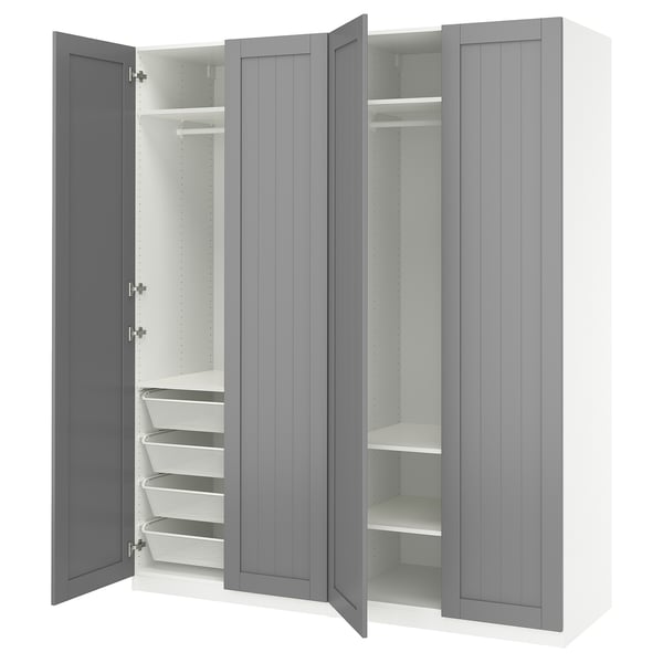Grey PAX closet with drawers and shelves open.